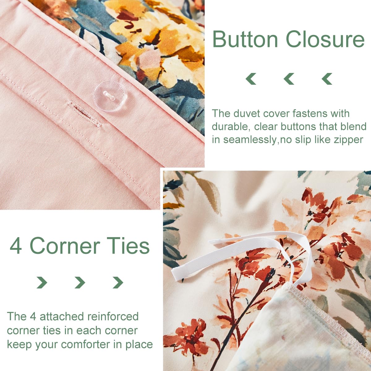 URBONUR Floral Duvet Cover Set Twin Size 3 Pieces 100% Cotton Silky Sateen Wildflowers Comforter Cover with 2 Pillowcases Soft & Breathable Bedding Sets