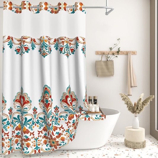 Boho Paisley Damask Shower Curtain with Snap in Liner, Vintage Bohemian Red Floral Exotic Bathroom Curtains, Double Layers Waterproof Fabric No Hook Shower Curtain and Weighted Hem, 71x74 Inch