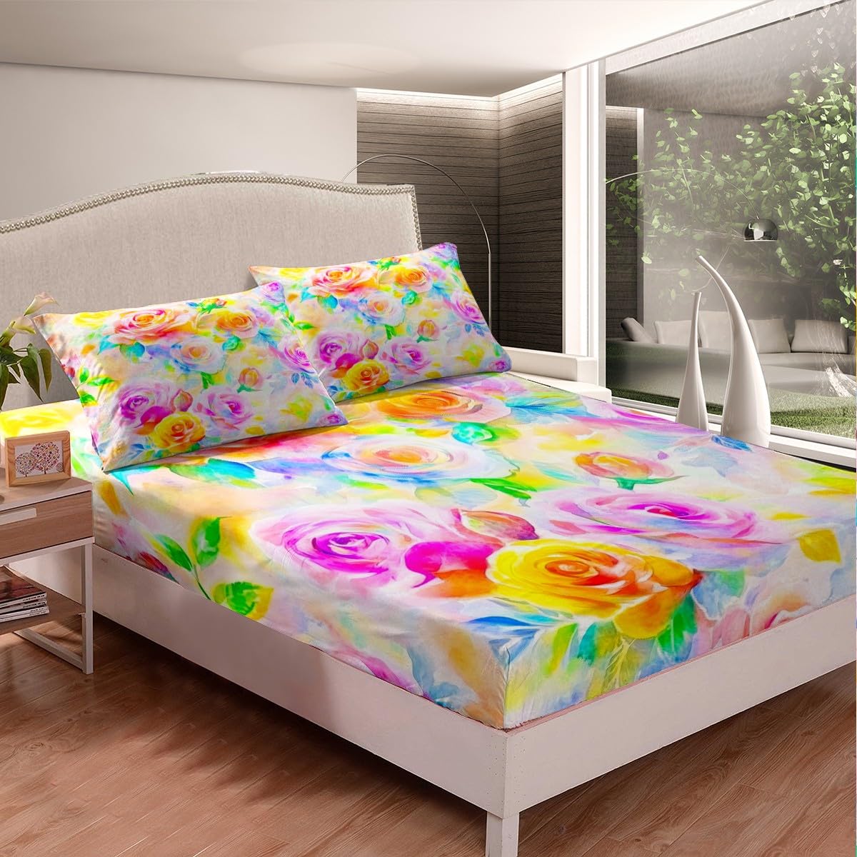 Feelyou Rose Flower Bedding Sheets Girls Women Like Full Yellow Purple Flower Bed Sheet Set Garden Flower Fitted Sheet Pretty Botanical Bed Cover 3Pcs,1 Fitted Sheet+2 Pillow Sham（No Flat Sheet）