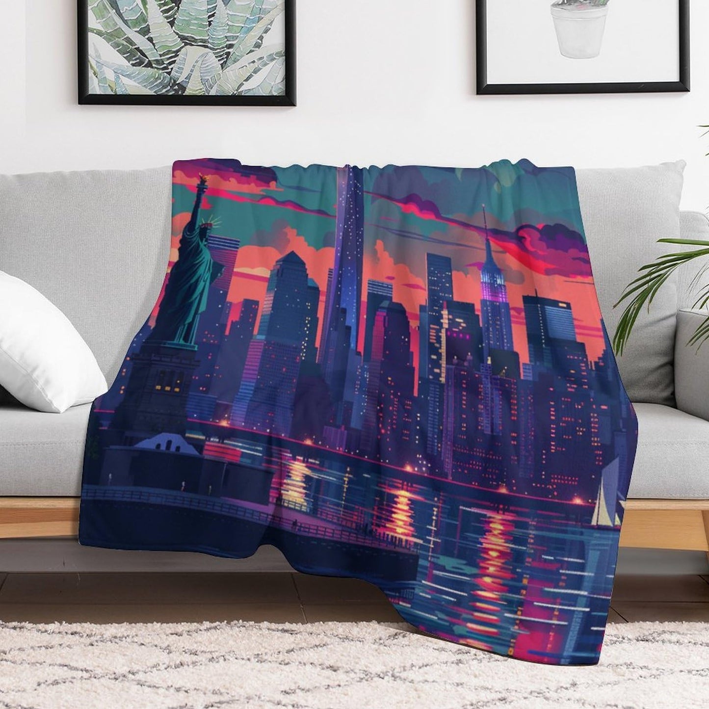 HDESDIS Abstract Cityscape Throw Blanket for Couch Bed, Soft Cozy Statue of Liberty Architecture Sofa Decor Blankets for Women, Men, 30"x40"