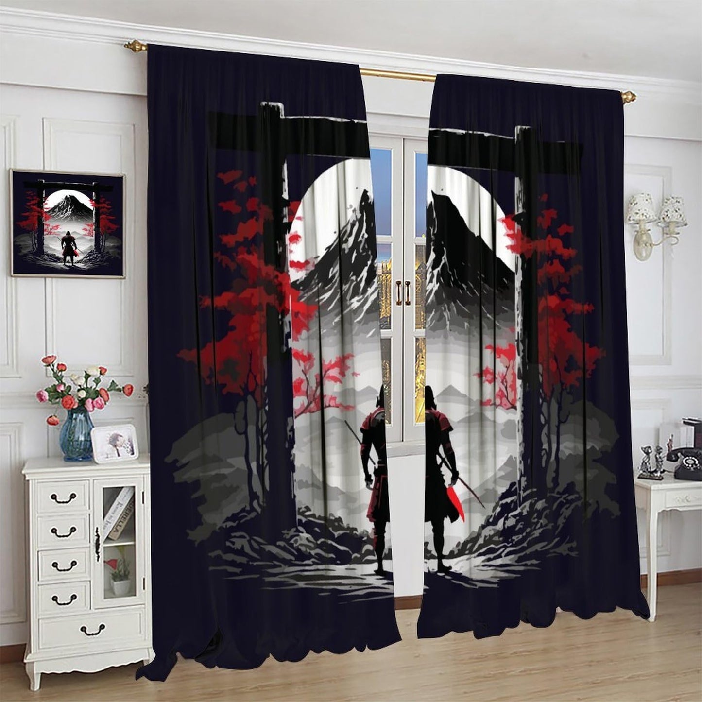 Japanese Anime Samurai Windows Curtains Asian Samurai Red Leaves Rod Pocket Window Treatment for Living Room Bedroom Home Decor Window Drapes 42" W X 45" L