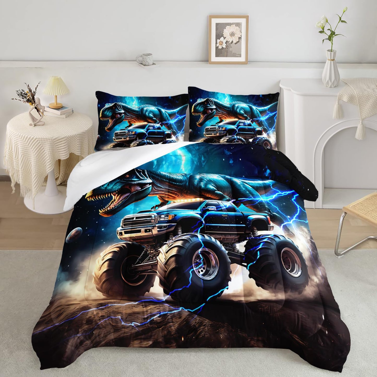AILONEN Kids Dinosaur Comforter Monster Truck Bedding Twin Size,3D Space Galaxy Dinosaur Comforter Set,Monster Bedding for Boys,3-Piece,1 Comforter + 2 Pillowcases