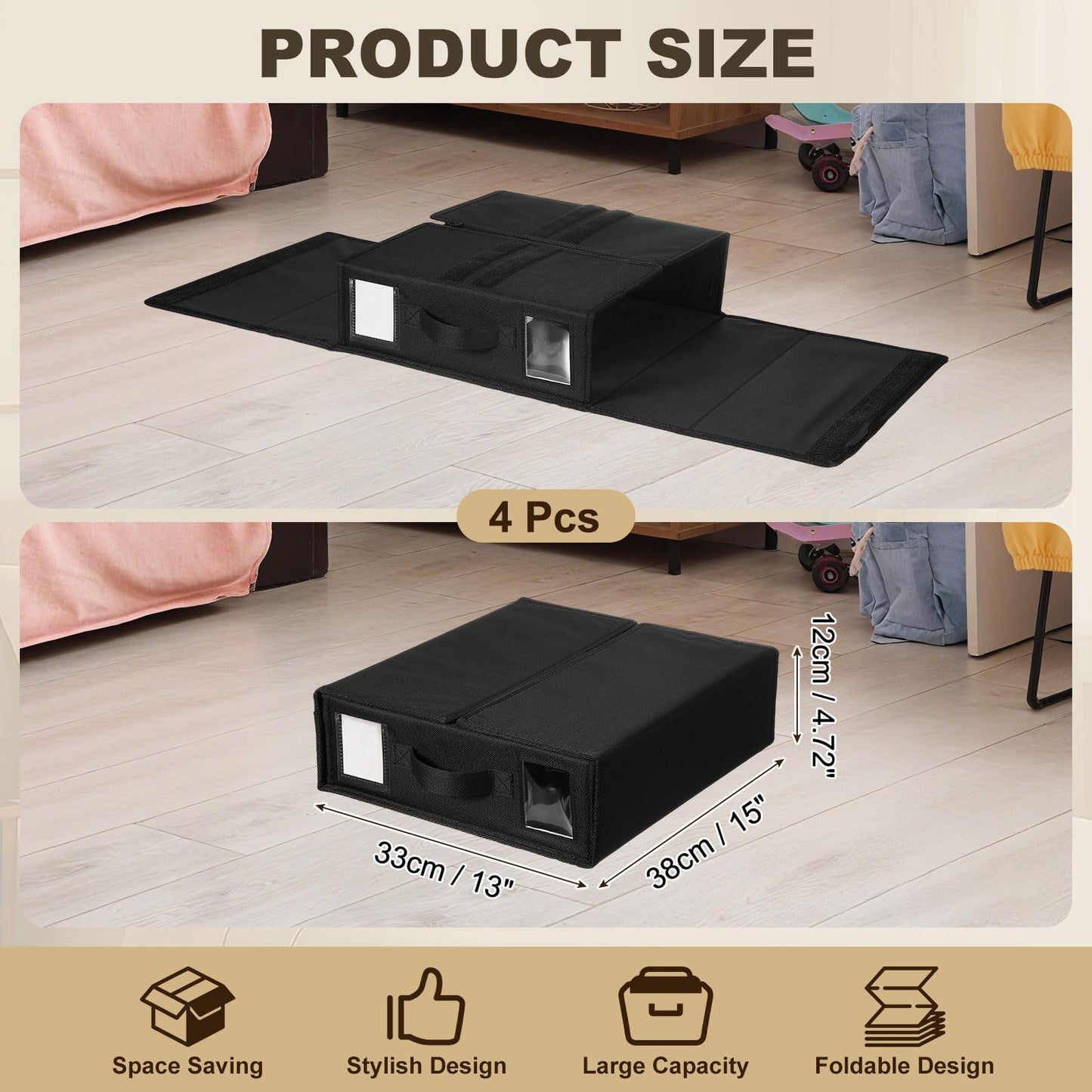 uxcell 4 Pack Bed Sheet Organizers and Storage with Handle, Foldable Bedding Duvet Cover Set Organizer Storage Closet and Under Bed Storage Containers, Black