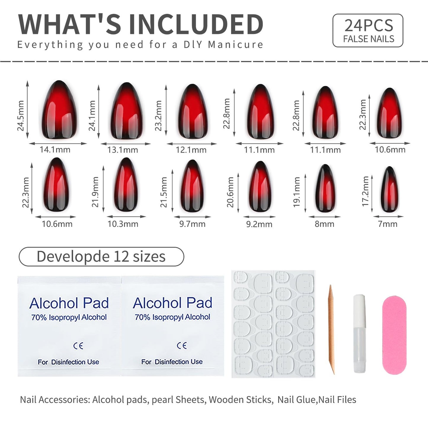 Medium Almond Press On Nails – Red and Black Gradient Glossy Acrylic Fake Nails, 24PCS Reusable Stick On Nails Kit with Glue & Tools for Women, Shiny Vampire Ombre Nails for Party & Everyday Wear