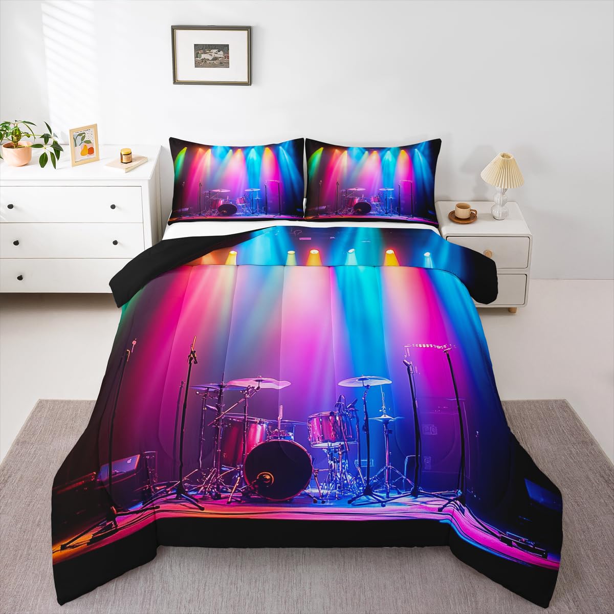 Erosebridal 3D Drum Kit Bedding Set Queen Drum Kit Instrument Comforter Set for Kids Boys Girls Rock Music Theme Down Comforter,Music Lovers Quilt Duvet