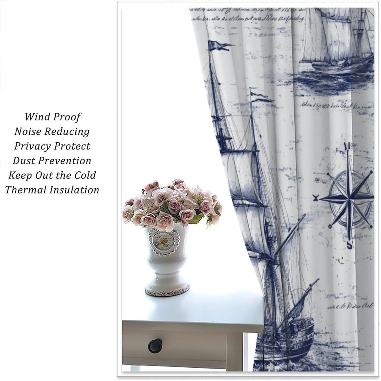 TOWINSFB Medieval Pirate Ship Blackout Curtains for Living Room Bedroom, Vintage Nautical Sailboat Compass Window Curtains Rod Pocket Thermal Insulated Window Drapes, 2 Panels, Each 21W x 45L