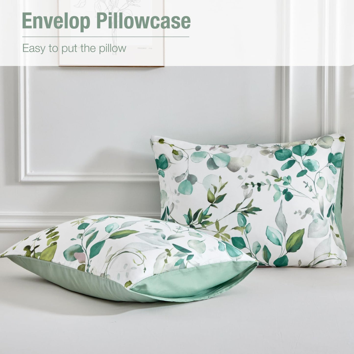 Lekesky Duvet Cover Queen Size, Reversible Botanical Floral Duvet Cover Set with Zipper Closure, 3 Pieces Soft Microfiber Green Bedding Set (1Duvet Cover 90"x90", 2 Pillowcases 20"x26")