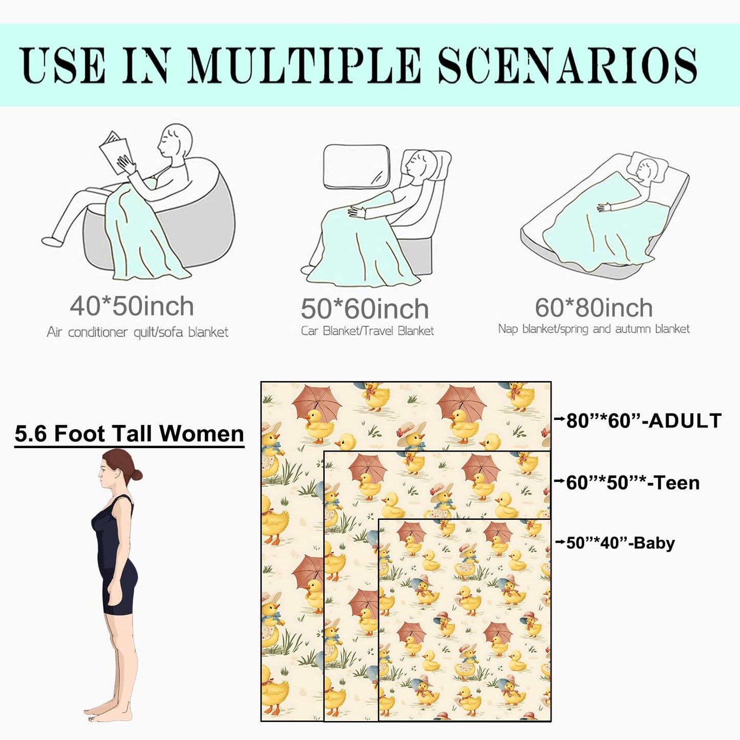 coedoaes Cute Duck Fleece Blanket - 50x60in Adorable Duckling in Hat and Parasol Throw Blankets,Soft Cozy Lightweight, Ideal for Living Room Home Farmhouse Decor and Kids Women Girls Spring Gifts