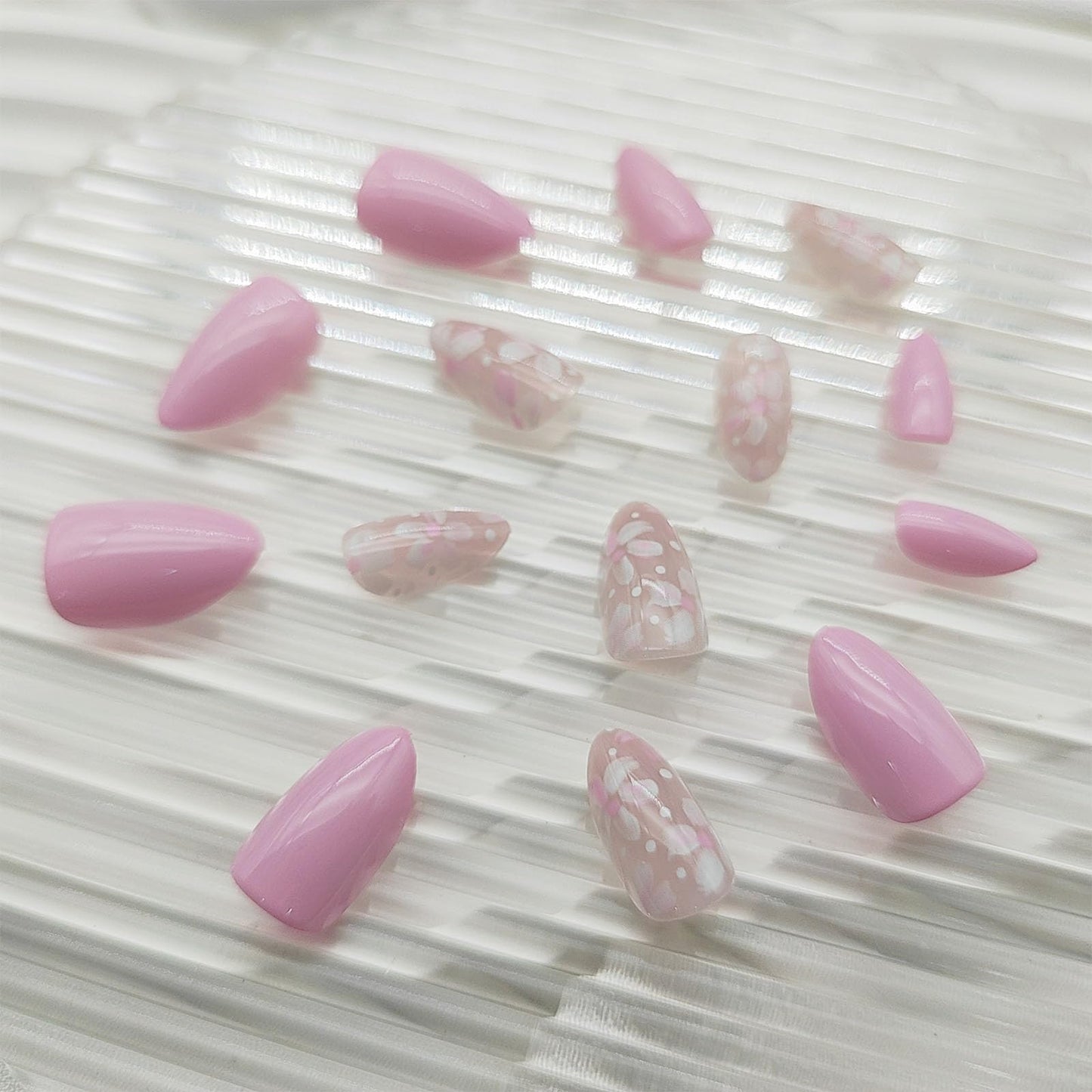 Almond Press on Nails Short Fake Nails Pink Flower Polka Dot Design Stick on Nails Summer Full Cover Reusable False Nail for Women 24Pcs