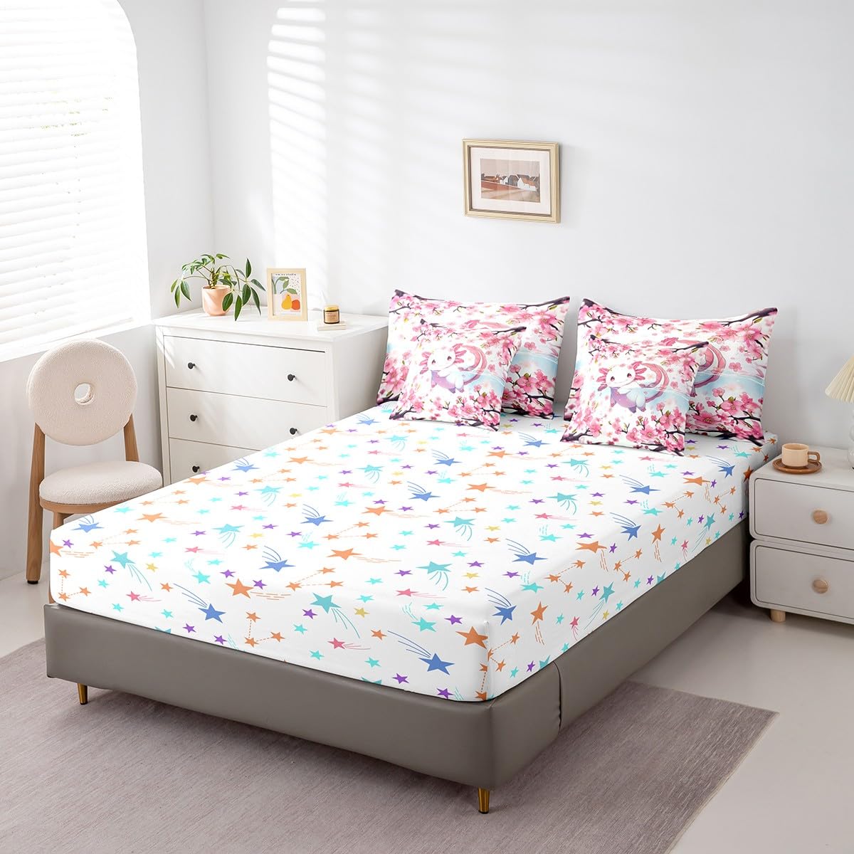 Feelyou Boys Girls Cute Axolotl 7 Pieces Bedding Sets Twin Size, Cartoon Salamander Bed in A Bag Ocean Sealife Comforter Set with Sheets Kids Kawaii Teens Bed Set Bedroom Decor