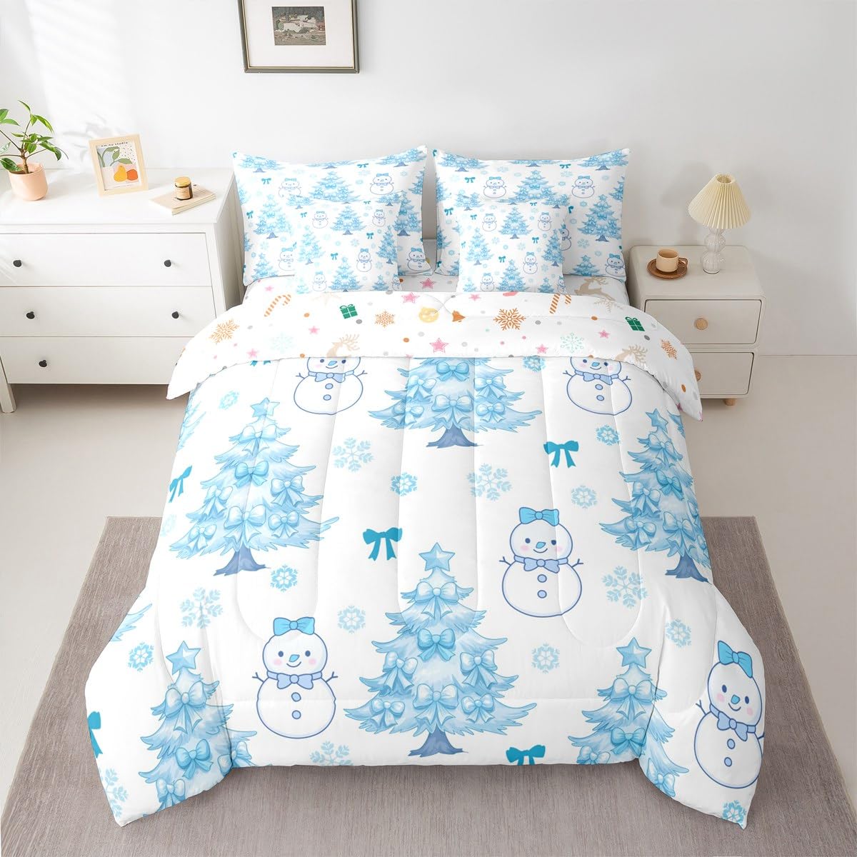 Feelyou Merry Christmas Twin Comforter Set with Sheets for Kids Boys Girls Cute Snowman 7 Pieces Bedding Set Cartoon Bowknot Bed in a Bag Christmas Tree Room Decor Soft