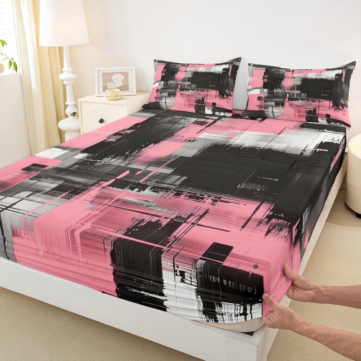 jejeloiu Abstract Fitted Sheet with 1 Pillowcase Twin Size Black Pink Bed Sheets Set 16" Deep Pocket Boys Girls Art Aesthetic Bedding Teens Bedroom Decor Breathable Soft