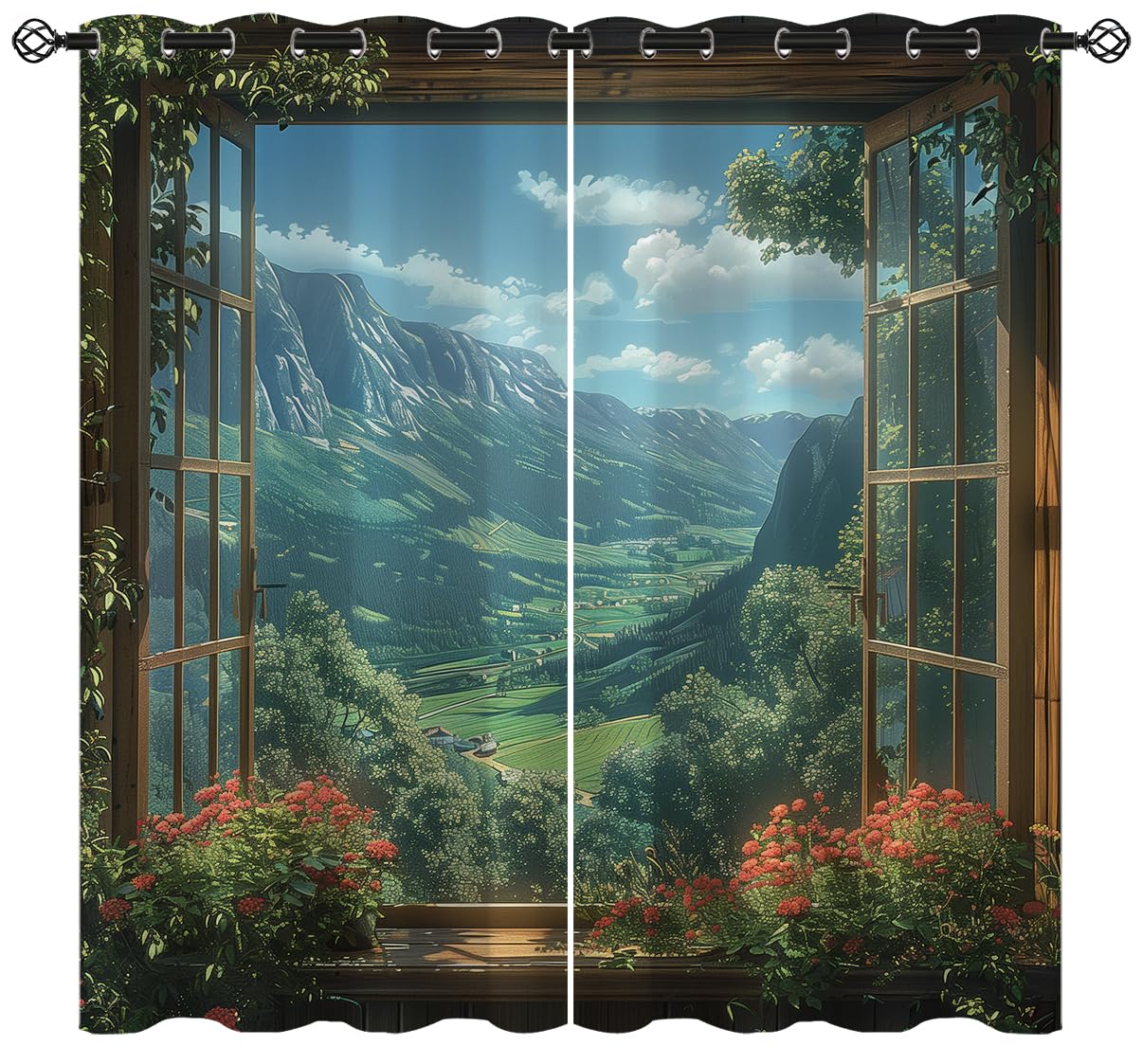 Mountain Blackout Curtains for Girls Boys Teens Home Decor, Spring Sky View Nature Forest Flower Grommet Thermal Insulated Drapes Darkening Window Curtain for Bedroom Living Room, 84 x 84 Inch