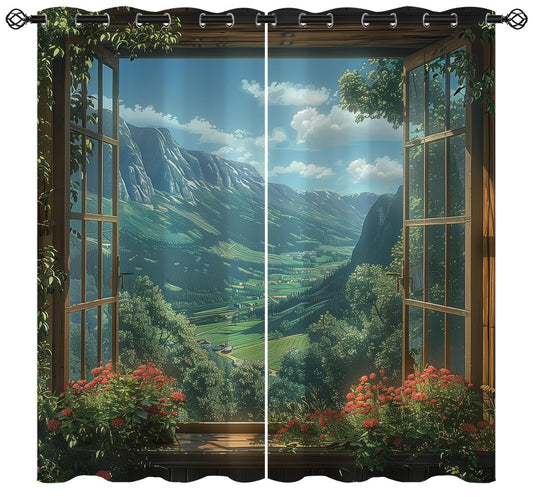 Mountain Blackout Curtains for Girls Boys Teens Home Decor, Spring Sky View Nature Forest Flower Grommet Thermal Insulated Drapes Darkening Window Curtain for Bedroom Living Room, 84 x 84 Inch
