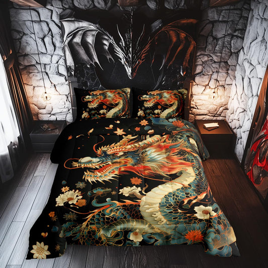 Manfei Chinese Dragon Kids Comforter Set Twin Size,Watercolor Hand-Painted Bedding Set,Boys Men Room Decor,Flowers Western Wildlife Animals Down Comforter,Black Red Colorful Duvet Insert,1 Pillowcase