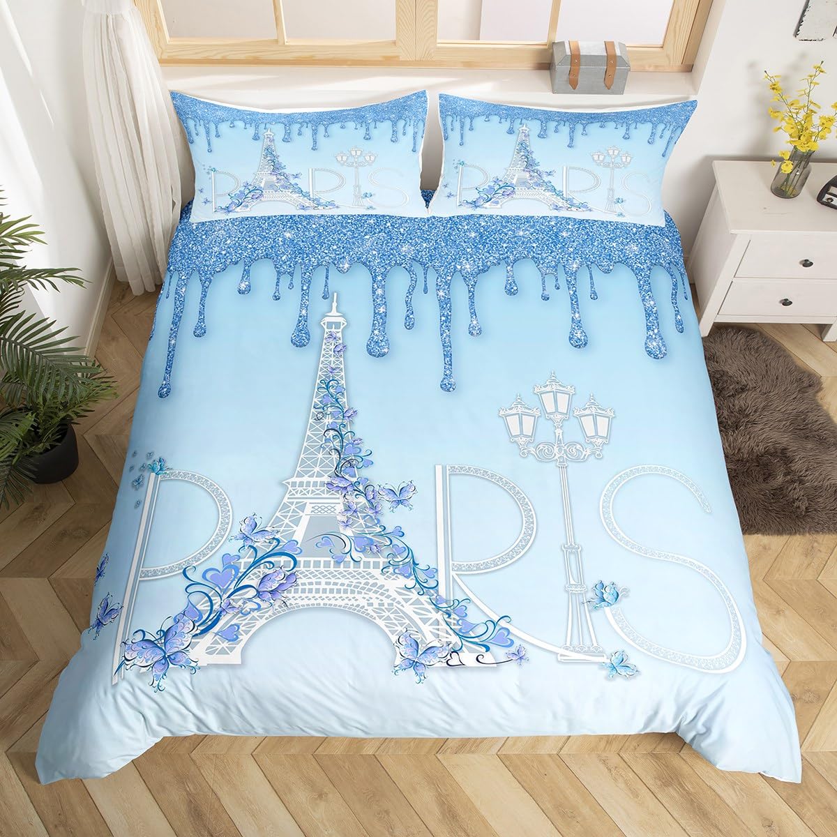 Eiffel Tower Bedding Set King Size,Paris Floral Duvet Cover 3pcs for Kids Girls Women Teen Room Decor,Blue White Gradient Glitter Comforter Cover Romantic Chic French Quilt Cover,2 Pillowcases