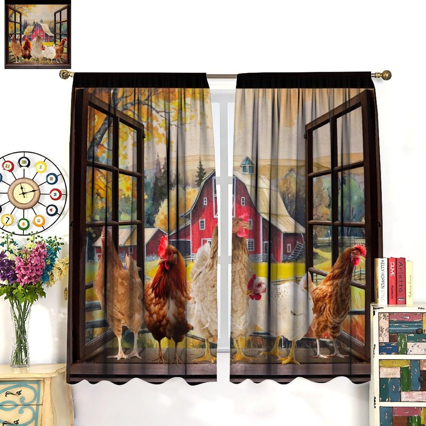 YCness Rooster Kitchen Window Curtains, Farmhouse Country Farm Animal Rustic Chicken Pattern Printed Blackout Small Short Window Drapery Treatments for Living Room Dining Room 2 Panels, 42x45 Inch