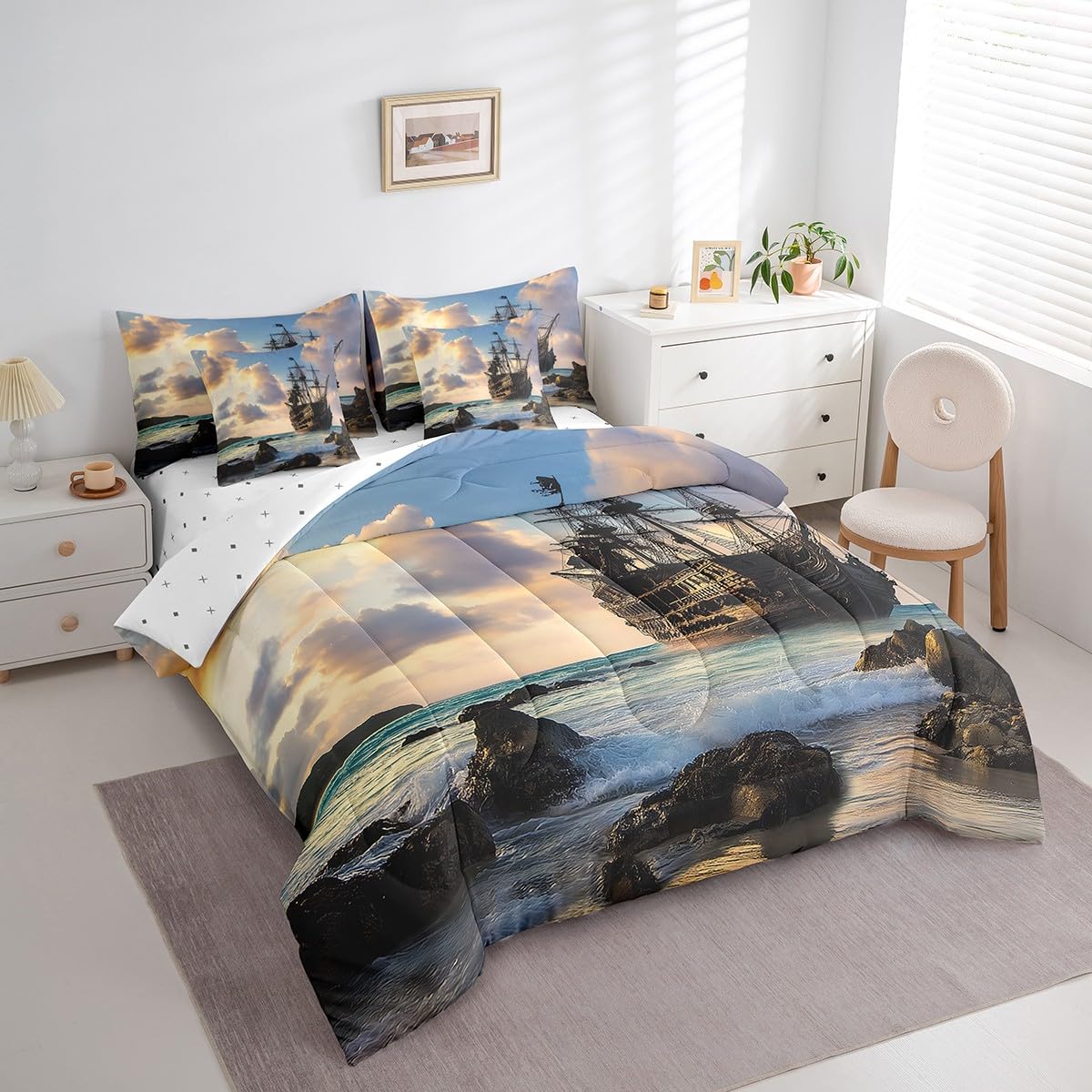 Erosebridal Nautical Retro Sailboat Comforter Set 7 Piece Bed in a Bag Twin,Ocean Theme Bedding Sets Sea Coastal Sheet Set with Comforter,Pirate Ship Vintage Boat Bed Set