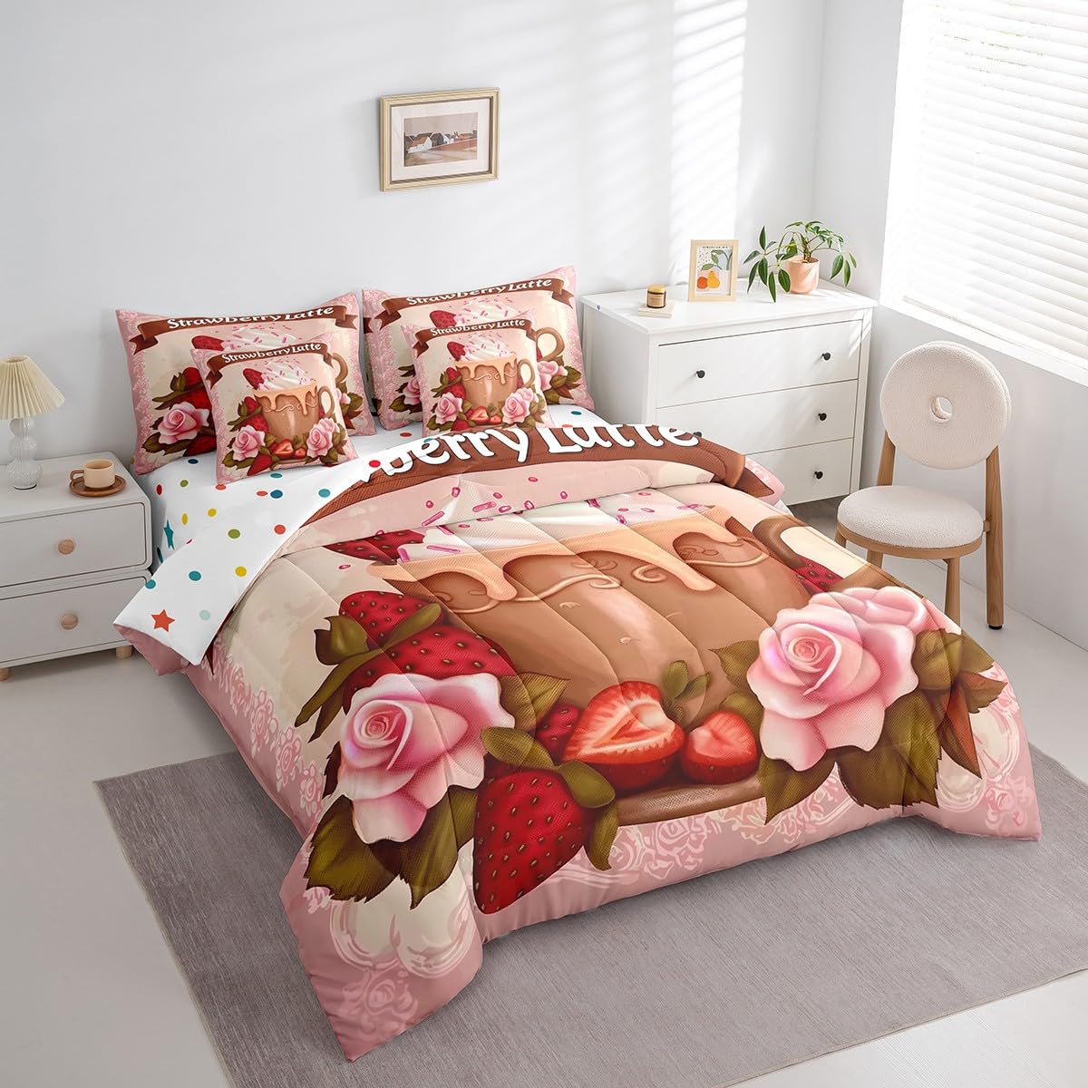 Erosebridal Strawberry Lattle Bedding Set for Kids Teens,Delicious Fruit Comforter Set Full Size,Girls Strawberry (Comforter+Fitted+Flat Sheet+2 Pillowcases+2 Throw Pillow Covers) 7 Pieces Bed Set