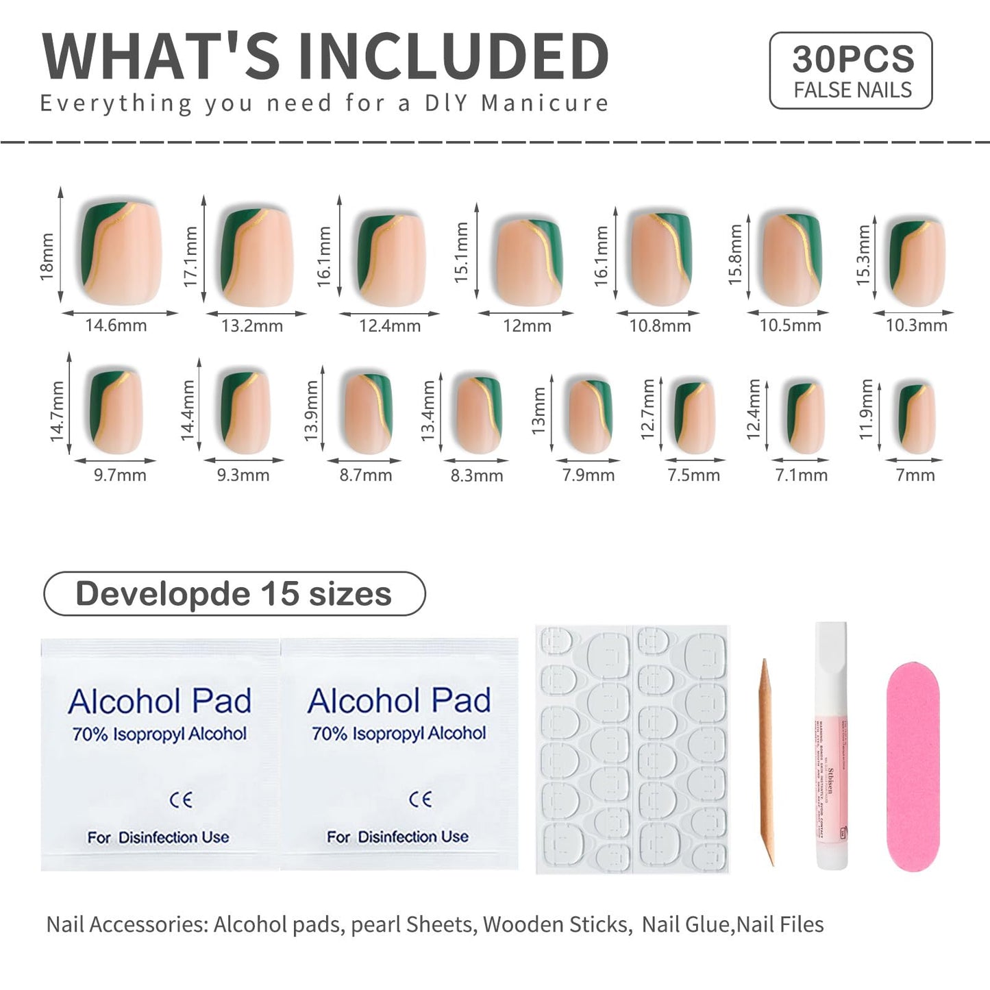 Mivota Fall Press On Nails Short Square Nude Fake Nails Green with Gold Stripes Fake Nails Fashion Glossy Acrylic Press ons Nail Gel Stick On Nails Set Glue on Nails for Women & Girls 30Pcs