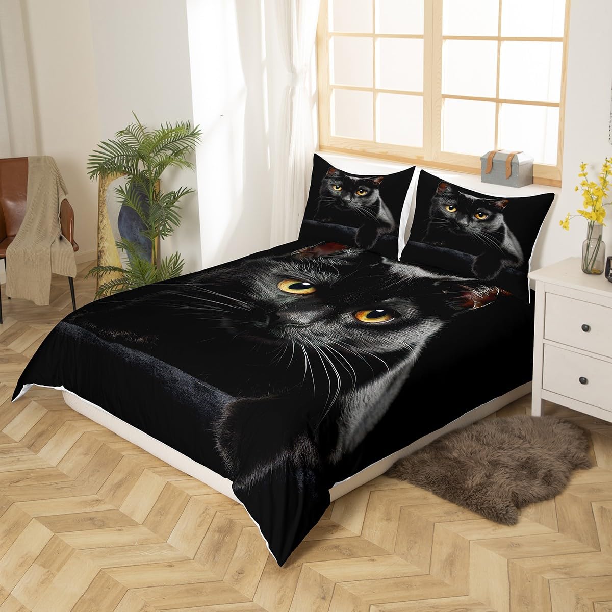 Cat Comforter Cover Pet Cats Pattern Bedding Set Cute Kitten Duvet Cover for Children Kids Boys Girls Lightweight Microfiber Mysterious Black Cat Bedspread Cover Decor 3Pcs Bedclothes Queen Size