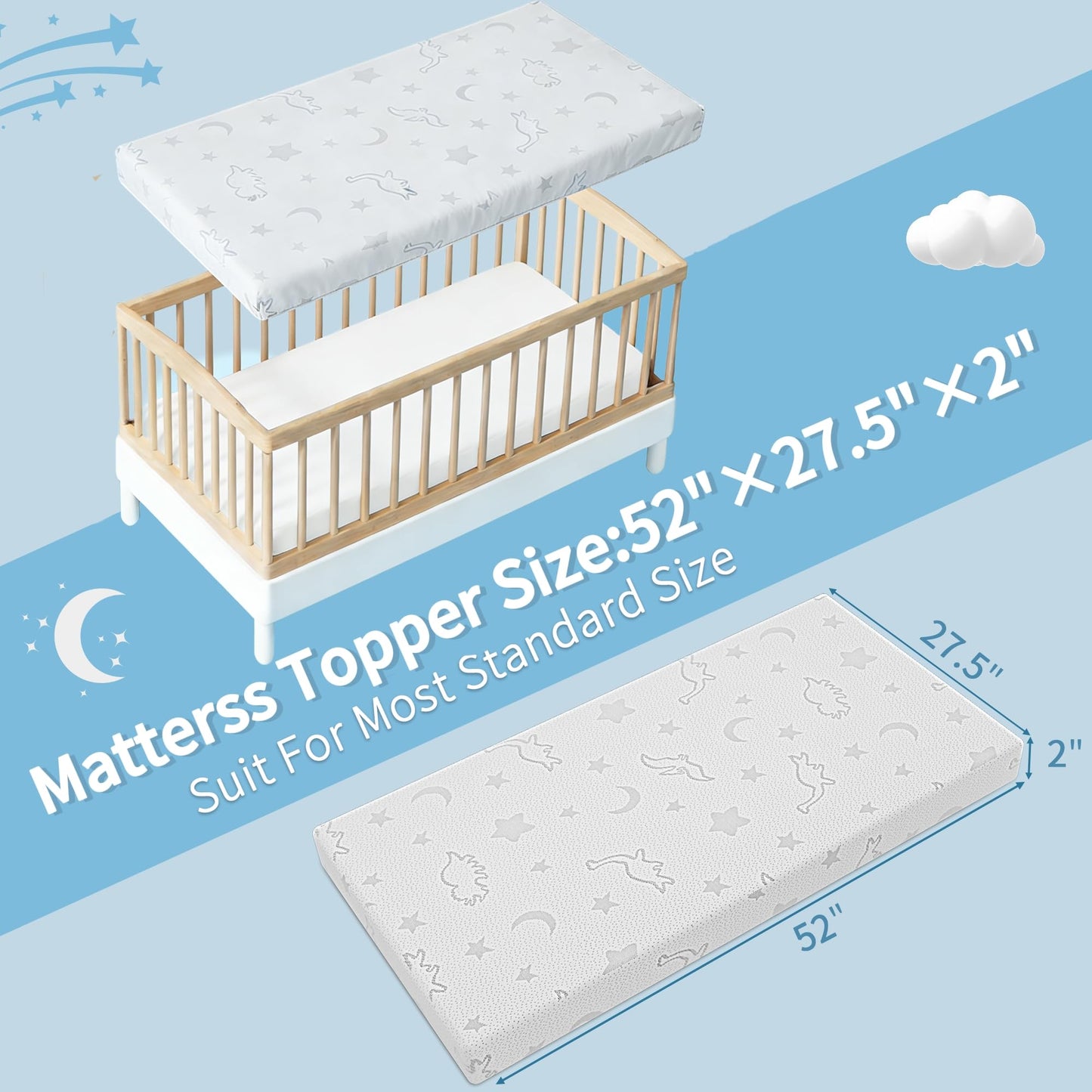 SJEUQOP Crib Mattress Topper 2" x 27.5" x 52", High Density Foam Breathable Baby and Toddler Mattress Topper with Waterproof Removable and Washable Cover, Fits Standard Cribs and Toddler Beds