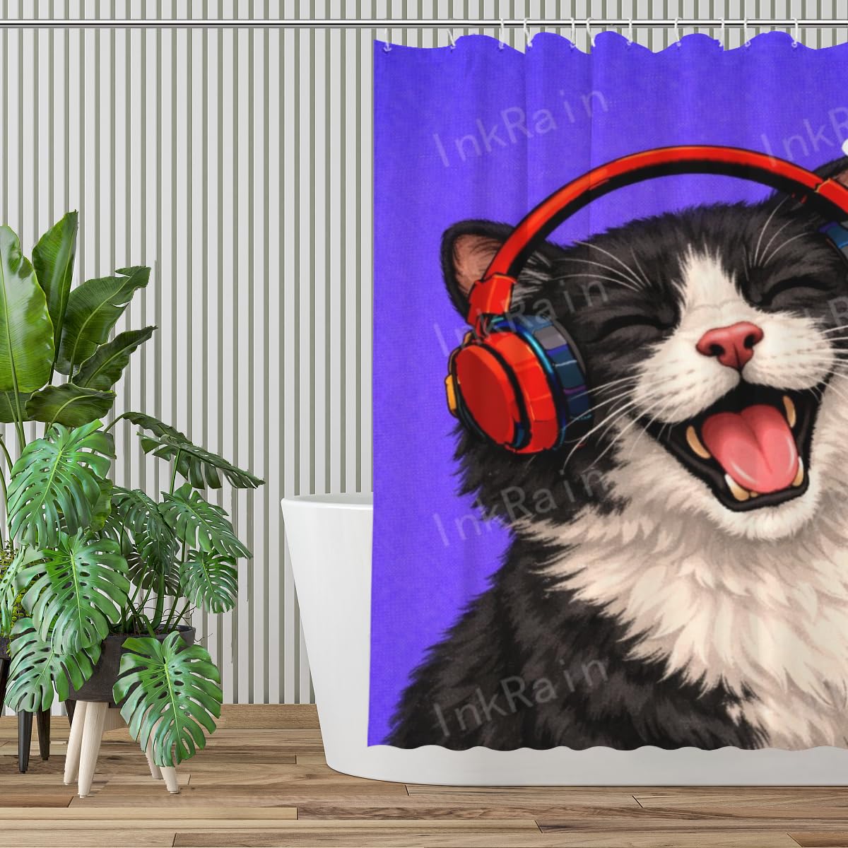 InkRain Funny Shower Curtain with 12 Hooks Tuxedo Cat with Headphones Bathroom Decor Waterproof Polyester Fabric Machine Washable Bath Curtain 72x72 Inch