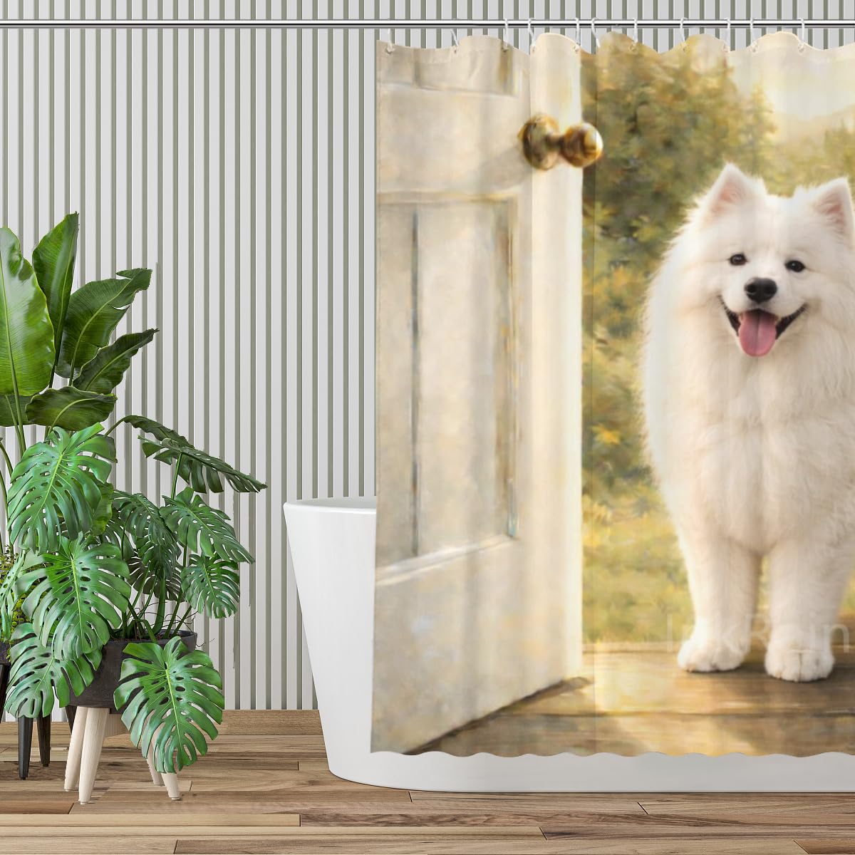 InkRain Samoyed Shower Curtain Rustic Doorway Forest Scenery Bathroom Decor Waterproof Polyester Fabric with 12 Hooks 72x72 Inch