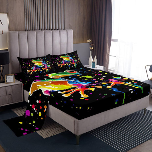 Castle Fairy Frog Bed Sheets Full Size,Colorful Graffiti Art Bedding Set 4Pcs for Kids Girls Boys Teens Room Decor,Wild Animals Fitted Sheet Fashion Hippie Style Black Top Flat Sheet,2 Pillowcases