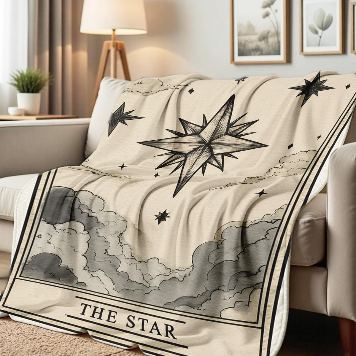 HUNXIAOJ Sun Moon Celestial Print Blanket Boho Celestial Flannel Throw Beige Blanket Throw for Couch Bed Home Living Room Boho Decor Gifts for Kids Adult (59"x78")