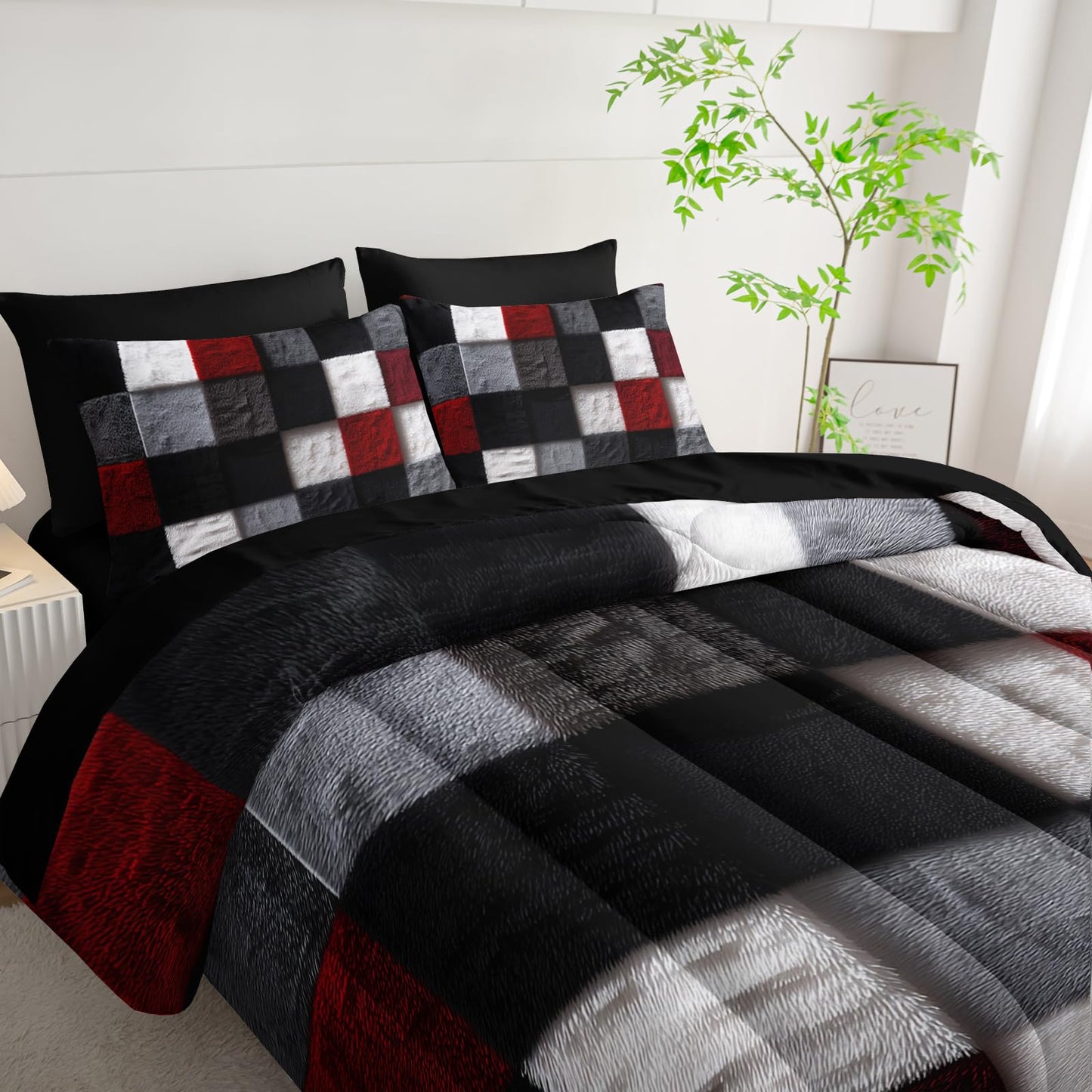 lneffble 7 Piece Black White Red Checkered King Size Comforter Set with Sheets，King Size Quilt Bedding Set Checkered，(1 Comforter, 1 Flat Sheet, 1 Fitted Sheet, 2 Pillowcase and 2 Pillow Sham)