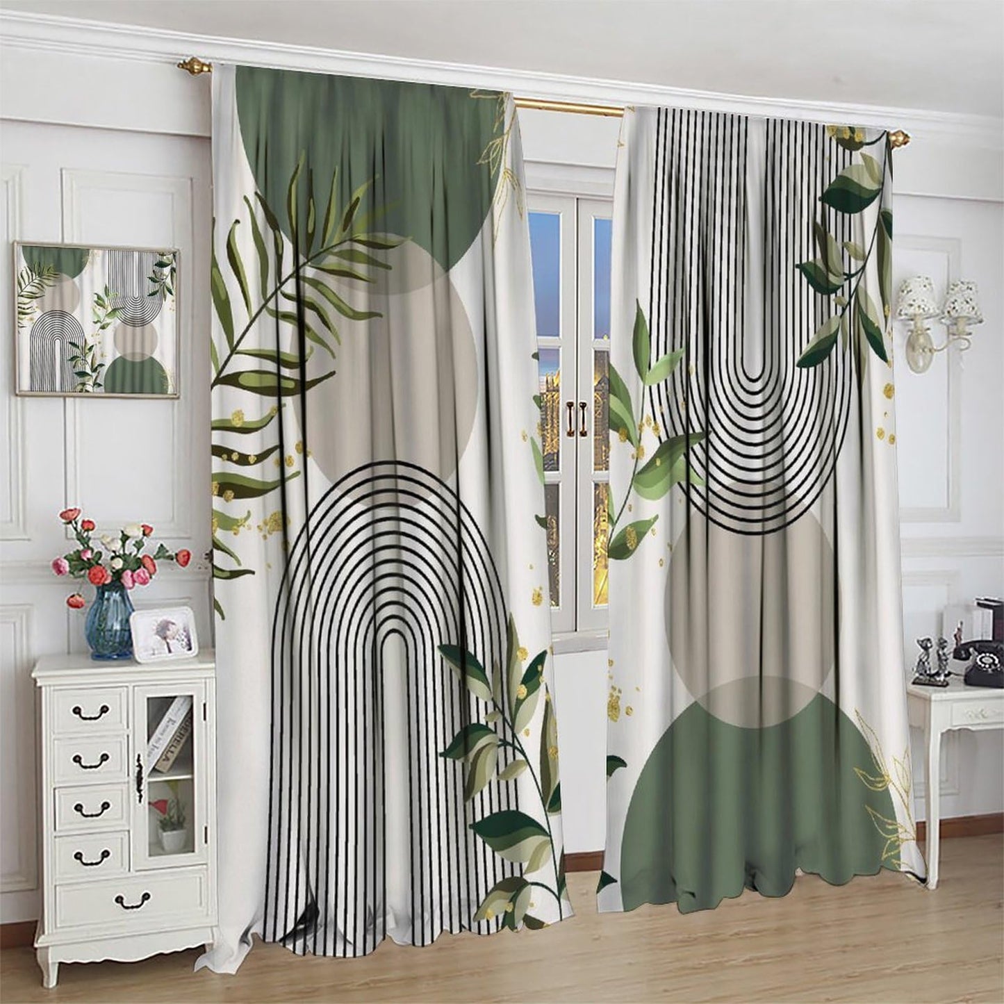 Boho Leaf Curtains, Mid Century Abstract Green Leaves Tropical Plants Modern Minimalist Window Treatments for Bedroom Living Room Kitchen Cafe Bohemian Drapes, 42x45 Inch Decor