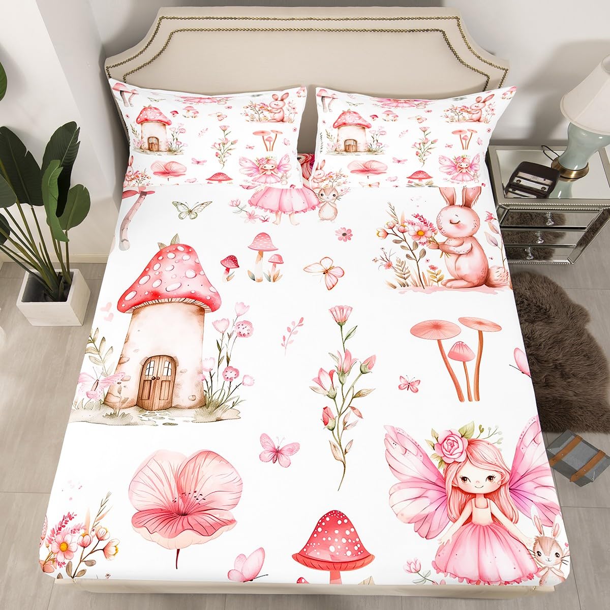 Erosebridal Fairy Garden Twin Bedding Set - Mushroom Floral Butterfly Fitted Sheet for Kids Girls, Pink Flower Bunny Bottom Sheets Only | Forest Themed Fairies Bed Set 2 Piece Room Decor