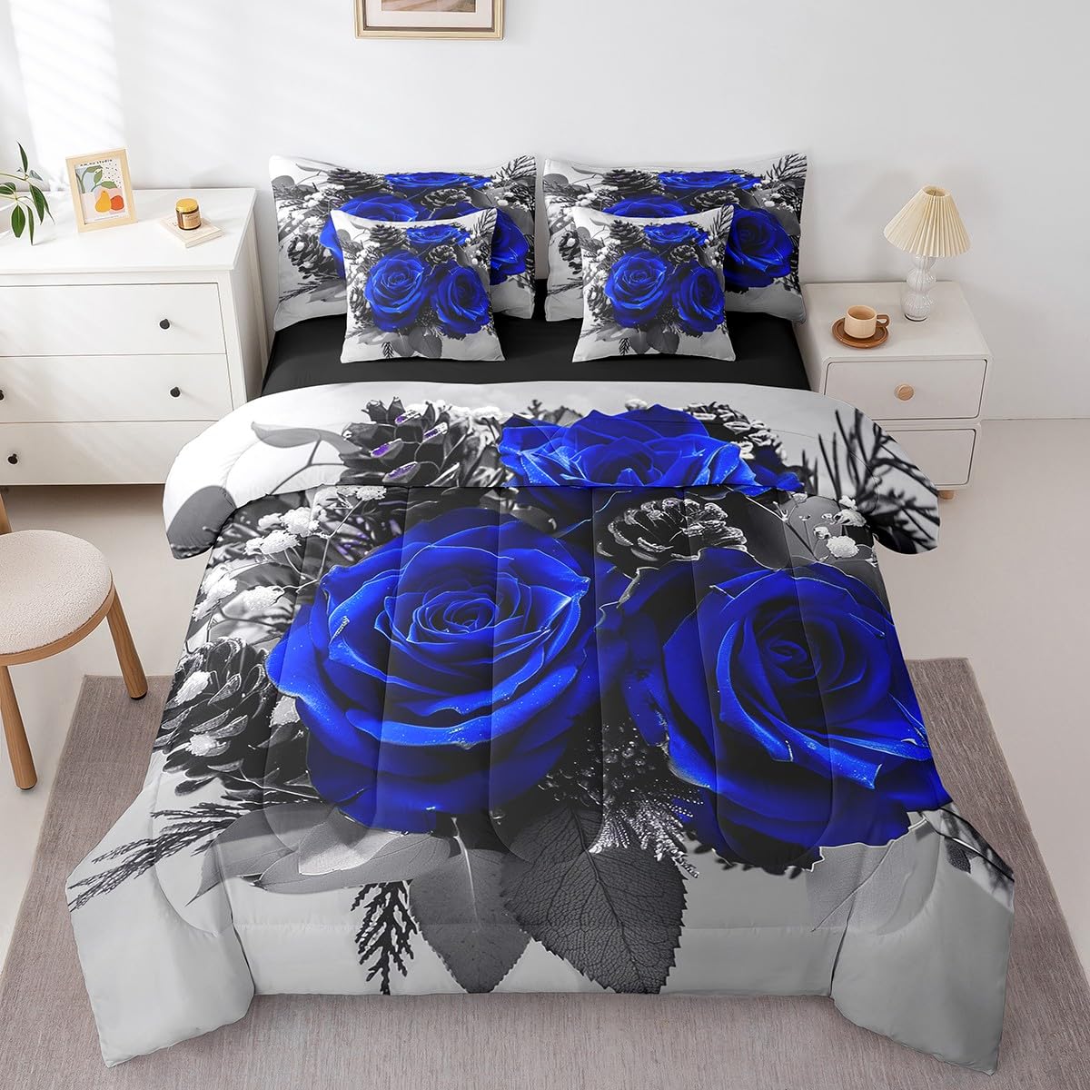 Erosebridal Blue Rose 7 Pcs Comforter Set Full,Romantic Valentine's Day Bed in a Bag with Flat Sheet and Fitted Sheet,Garden Farmhouse Botanical Floral Flowers Blue Bedding Set with Pillowcase & Sham
