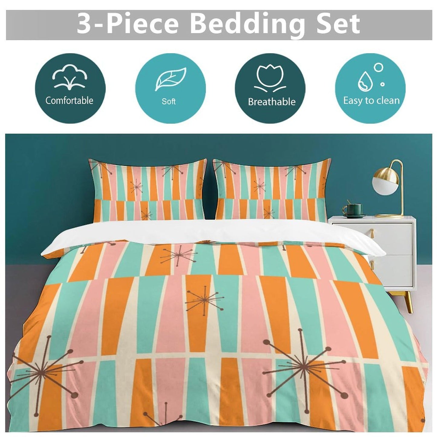 Modern Mid Century Duvet Cover Queen Retro Atomic Bedding Set, Rainbow Grid Comforter Cover Vintage Fifties 1950s Bed Set，Abstract Art Bedding 3 Piece (1 Duvet Cover 86"x70" + 2 Pillow Sham 20"x30")