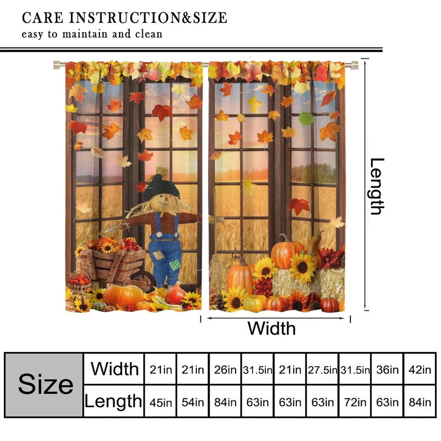 Autumn Decor Curtains for Kitchen,Autumn Sunset Paddy Field Maple Leaf Falling Leaves Harvest Fruit Pumpkin Sunflower Flower Scarecrow Window Drapes for Boys Girls Bedroom Living Room 42x45in