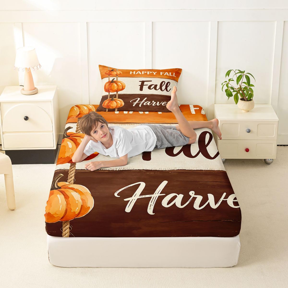 Erosebridal Fall Harvest Bed Sheets Twin Size Rope Hanging Pumpkin Sheet Set Rustic Wooden Art Bedding Set Minimalist Autumn Sheets