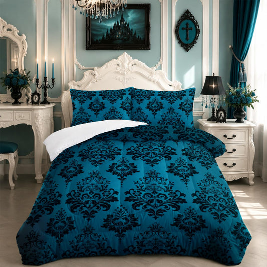 Nttopship Blue Gothic Floral Print Comforter Set King Size,Vintage Damask Floral Bedding Set,Bohemian Exotic Printed Quilted Set for Teens Adult,with 1 Comforter and 2 Pillow Case