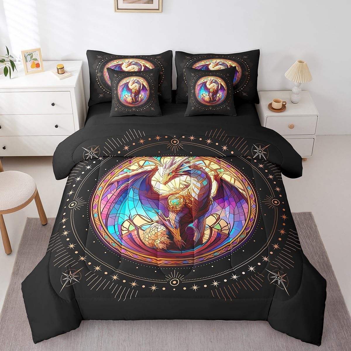 Feelyou Dragon Comforter Set with Sheets Twin Size Dragon Stuff Bed in a Bag for Boys Girls Teens Wild Life 7 Pieces Bedding Set Dragon Decor Bed Set Room Decor Black Yellow