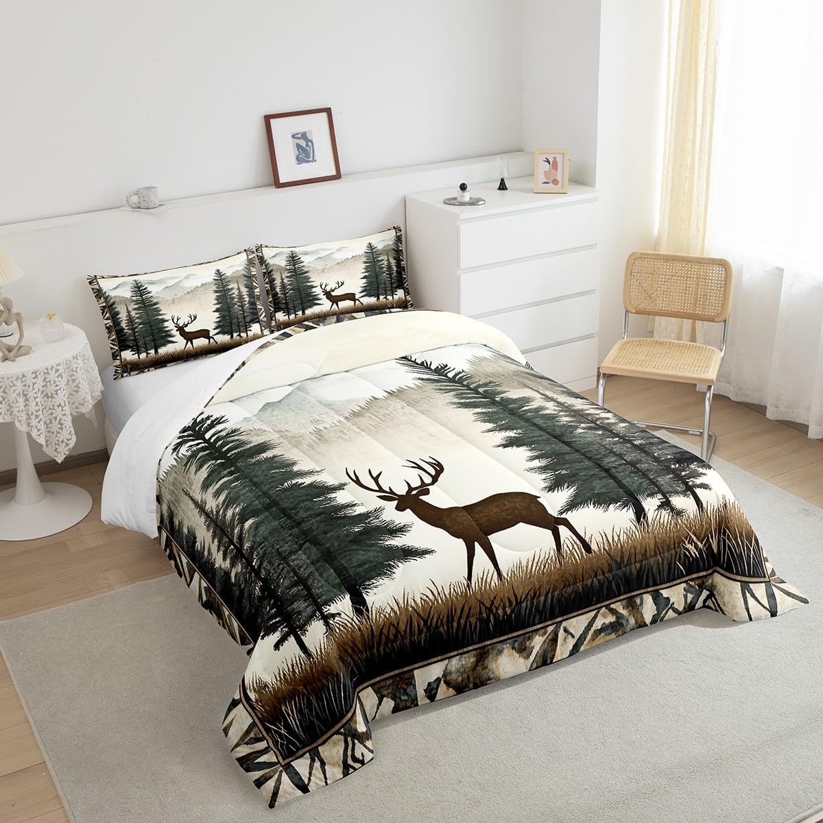 Deer Bedding Set Full Size,Pine Tree Animal Comforter Set for Kids Girls Boys Adults Room Decor,Foggy Mountain Plant Wildlife Duvet Insert 3Pcs,Retro Rustic Style Microfiber Quilt Set,2 Pillowcases