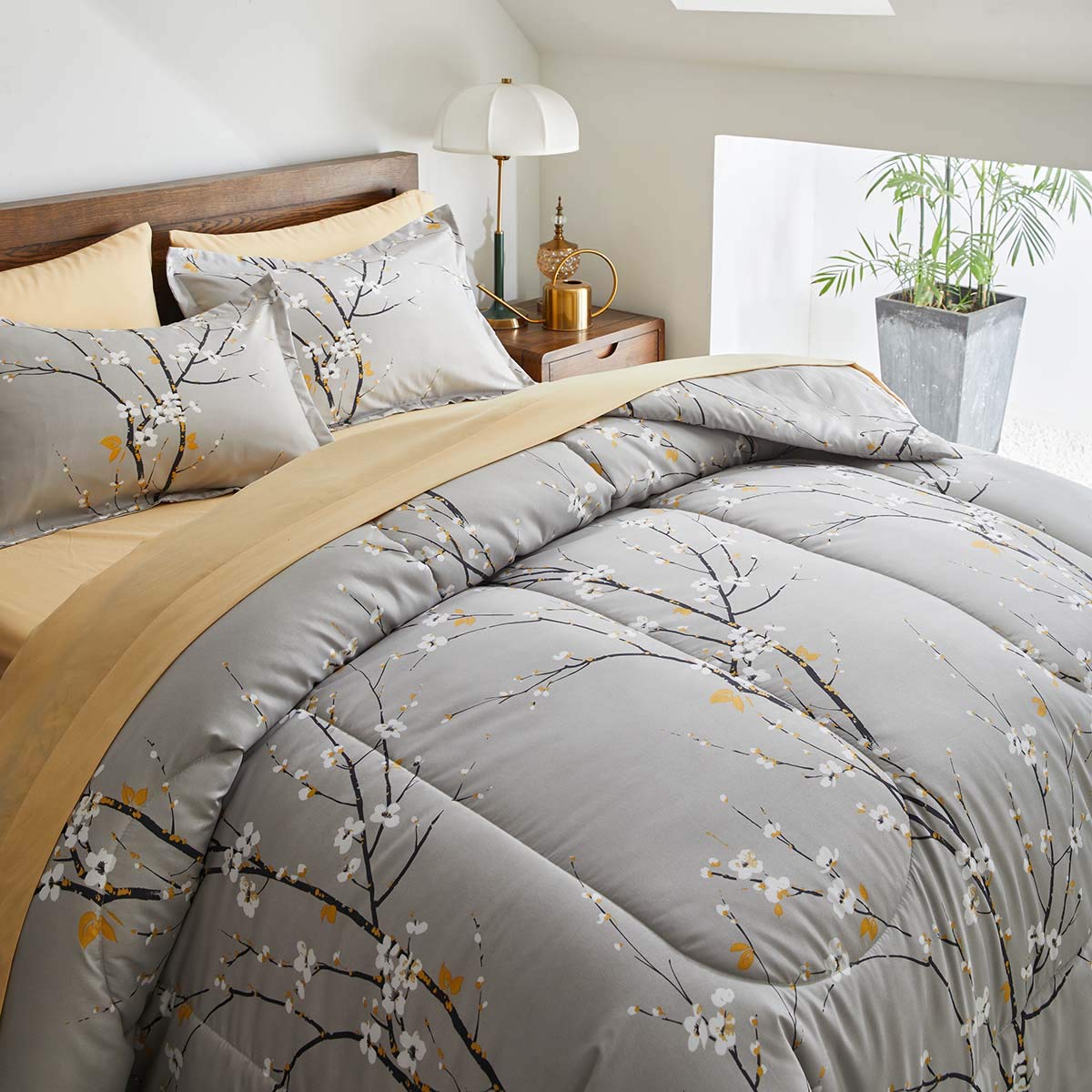 Gray Comforter Sheet Set Bed in a Bag 6 Pieces Twin Size Tree Branch Bloom Flower Spring Summer Bedding Set (1 Comforter 2 Pillow Shams 1 Tan Flat Sheet 1 Fitted Sheet 1 Pillowcases)
