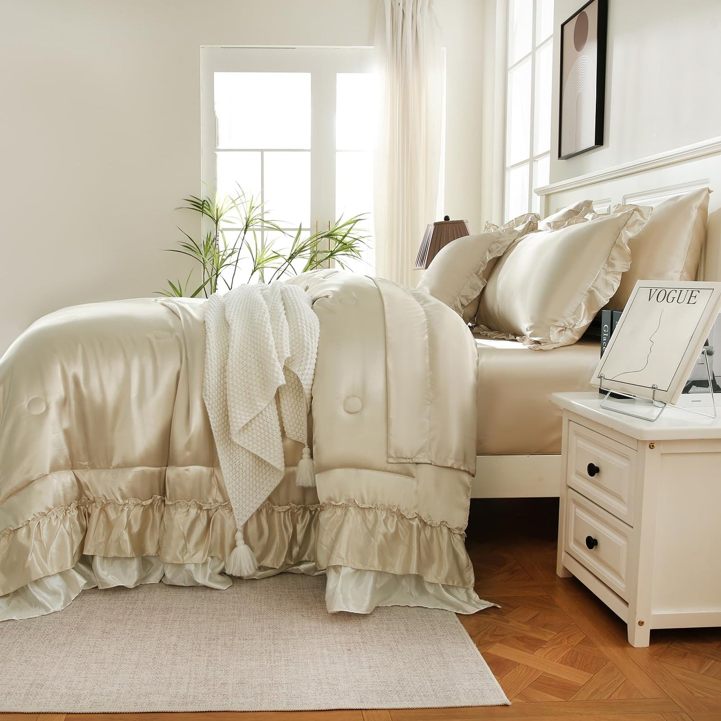 Bedbay Satin King Size Comforter Set with Sheets,Shabby Ruffled Bed Comforter 8 Pcs,Elegant Ruffle Room Decor Aesthetic Comforter King Bed in a Bag Set,Silk Like Satin Luxury Silky Bed Set
