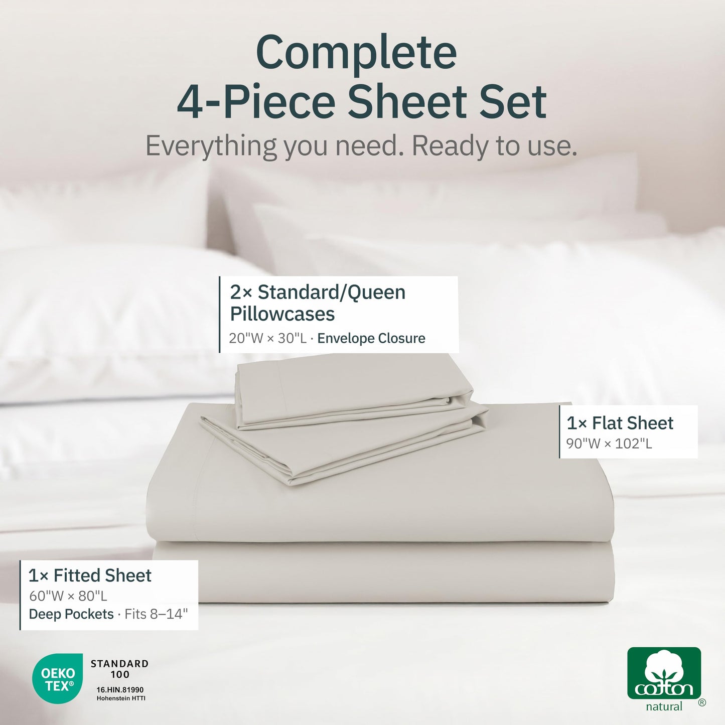 Super Soft Queen Sheet Set 100% Cotton - 4 Pcs - Durable Sheets, Deep Pockets, Easy Fit, Lightweight & Breathable, Suitable For Hot Sleepers & All Seasons, Minimal Wrinkles - Beige