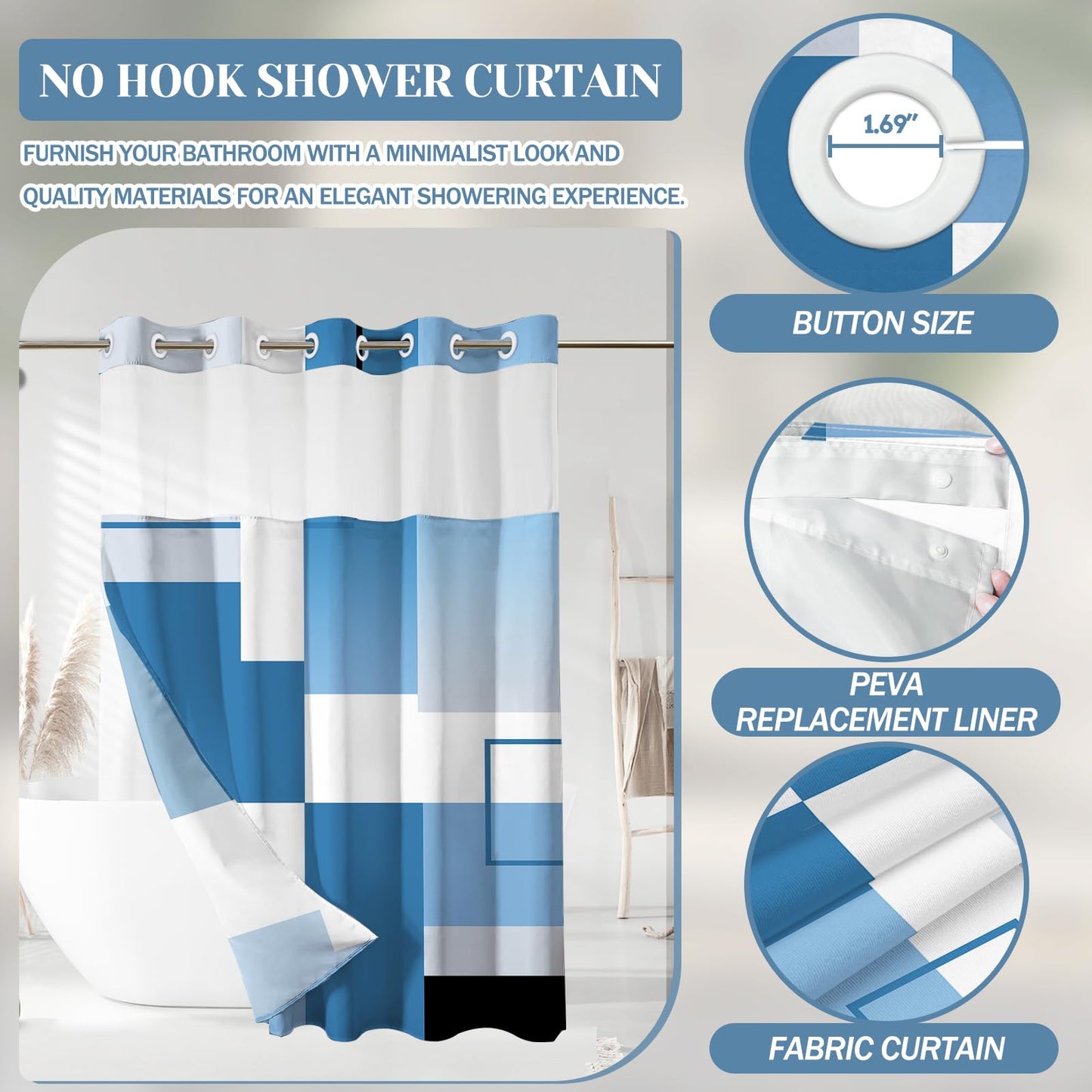 Blue Hookless Shower Curtain Set with Snap in Liner, Blue White Bathroom Decor, 71x74 Inches, Geometric Bathroom Curtain with Liner and See Through Top Window
