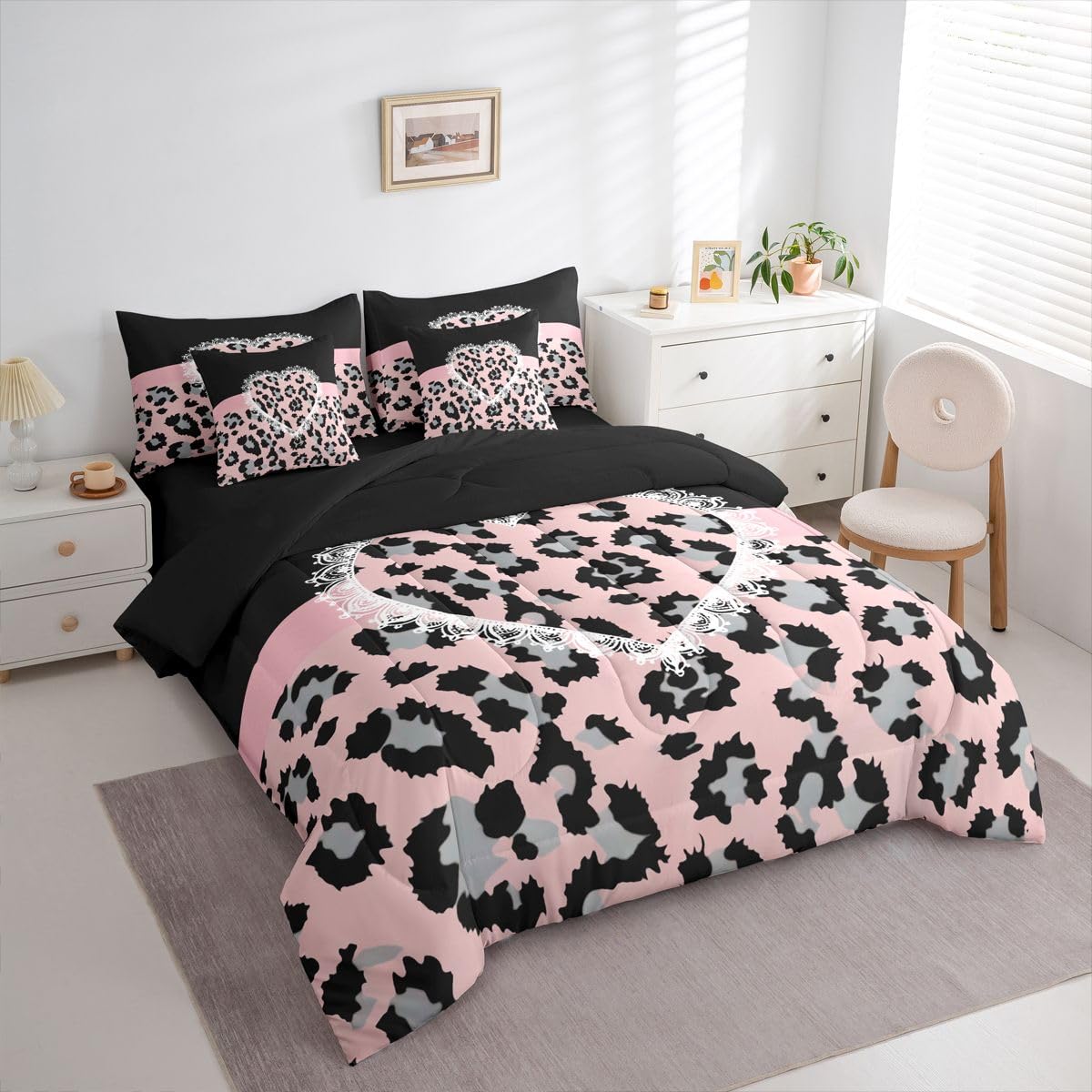 Feelyou Cute Leopard 7 Piece Bedding Set Lace Love Heart Comforter Set with Sheets for Kids Boys Girls Black Pink Bed in a Bag Sweet Romantic Bed Set Soft Lightweight