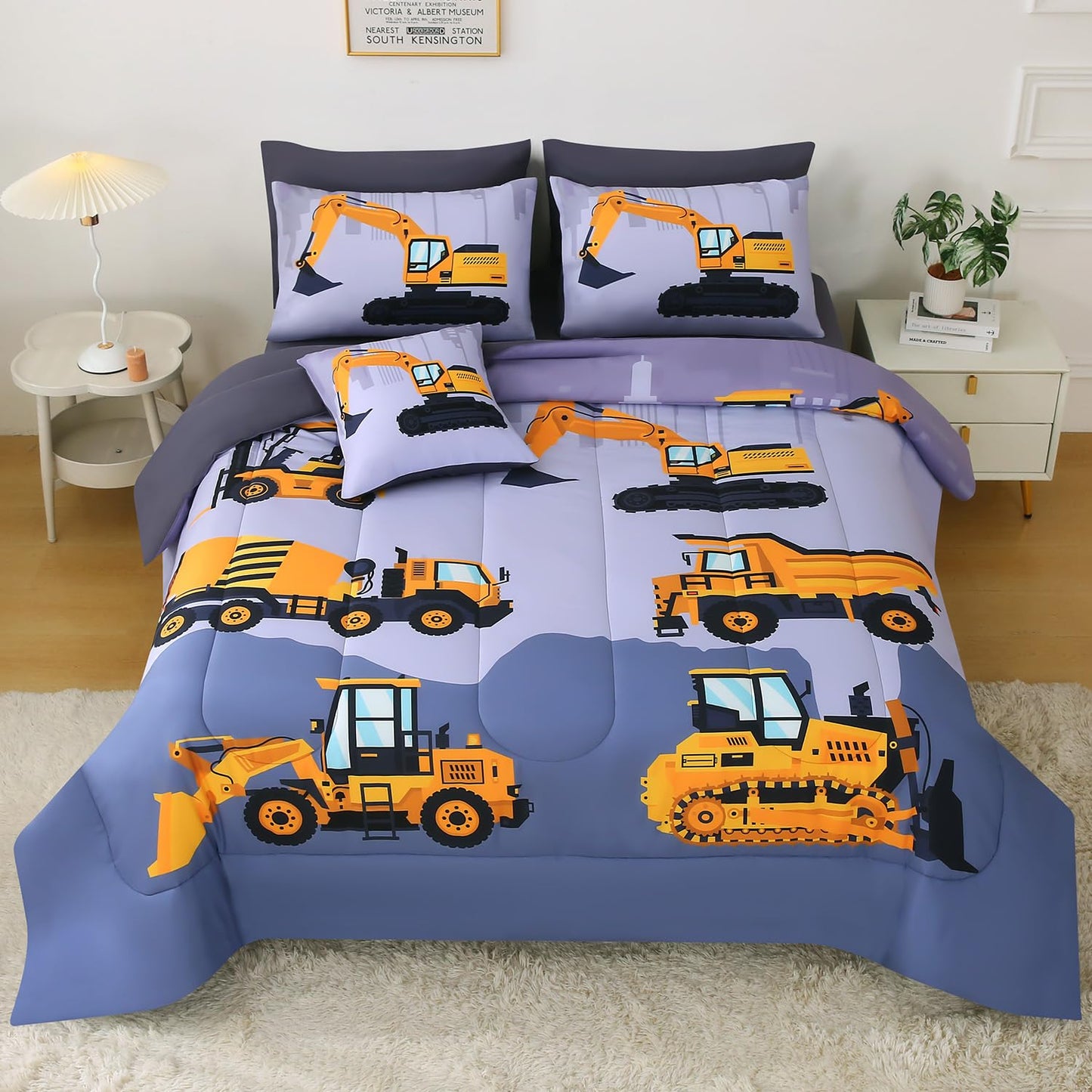 JQinHome Construction Twin Bedding Sets for Boys Kids,6 Piece Bed in A Bag 3D Cartoon Car Excavator Tractor Comforter Set with Sheet Set,Trucks Cars