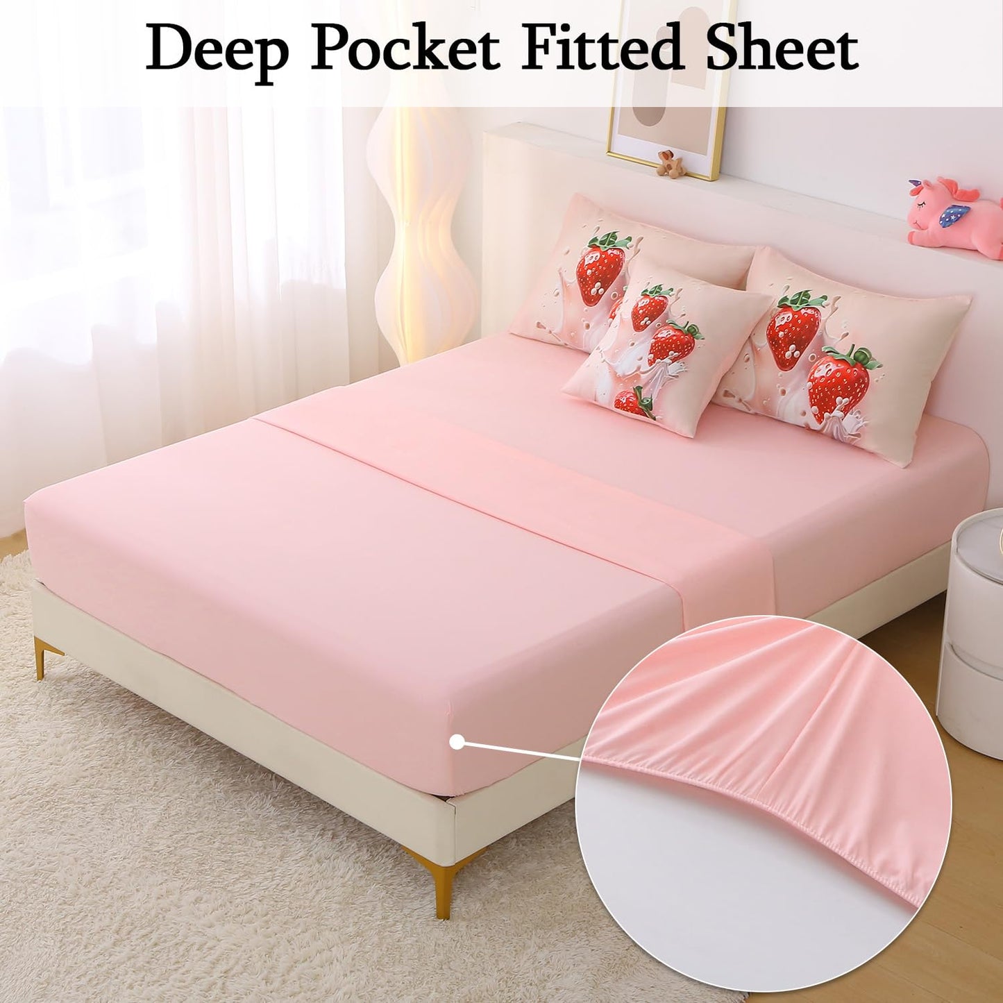 JQinHome Twin Strawberry Comforter Sets for Girls Kids Teens,6 Piece Bed in A Bag - All Season Soft Microfiber Strawberry Bedding Set with Sheet Sets (Pink)