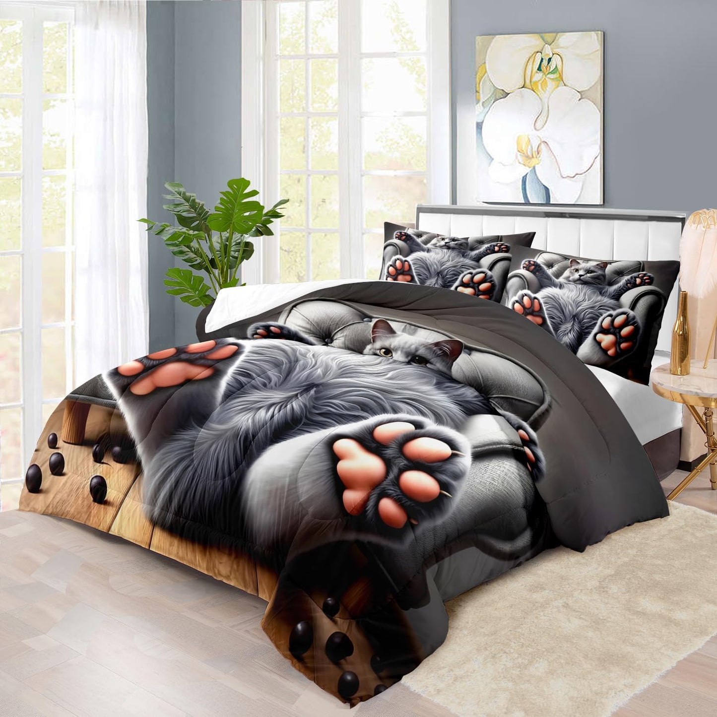 llyxsesty Cute Cat Comforter Set Queen,Grey Kawaii Cat Bedding Set Adult,Cute Animal Comforter for Boy,American Shorthair Bedding Grey,Kawaii Animal Print Quilt Bedroom Decor Kids
