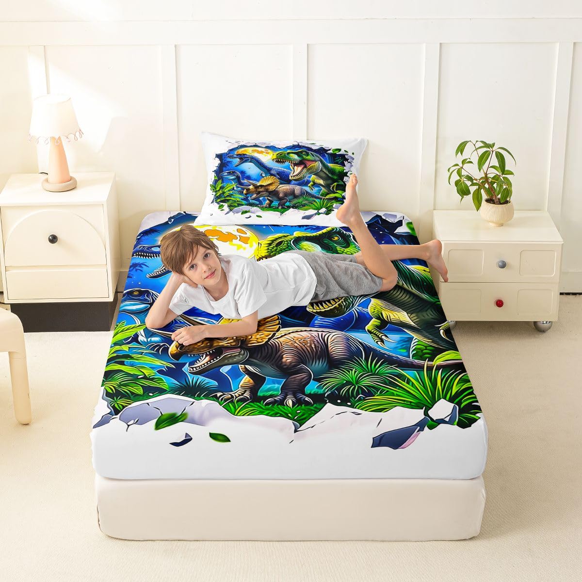 Feelyou Dinosaur Bed Sheets Set Twin Size 3D Digital Print Deep Pocket Fitted Sheet Jungle Dino Bedding Sets Wild Animal Soft Bed Set 3Pcs with 1 Pillow Cases White Green Blue