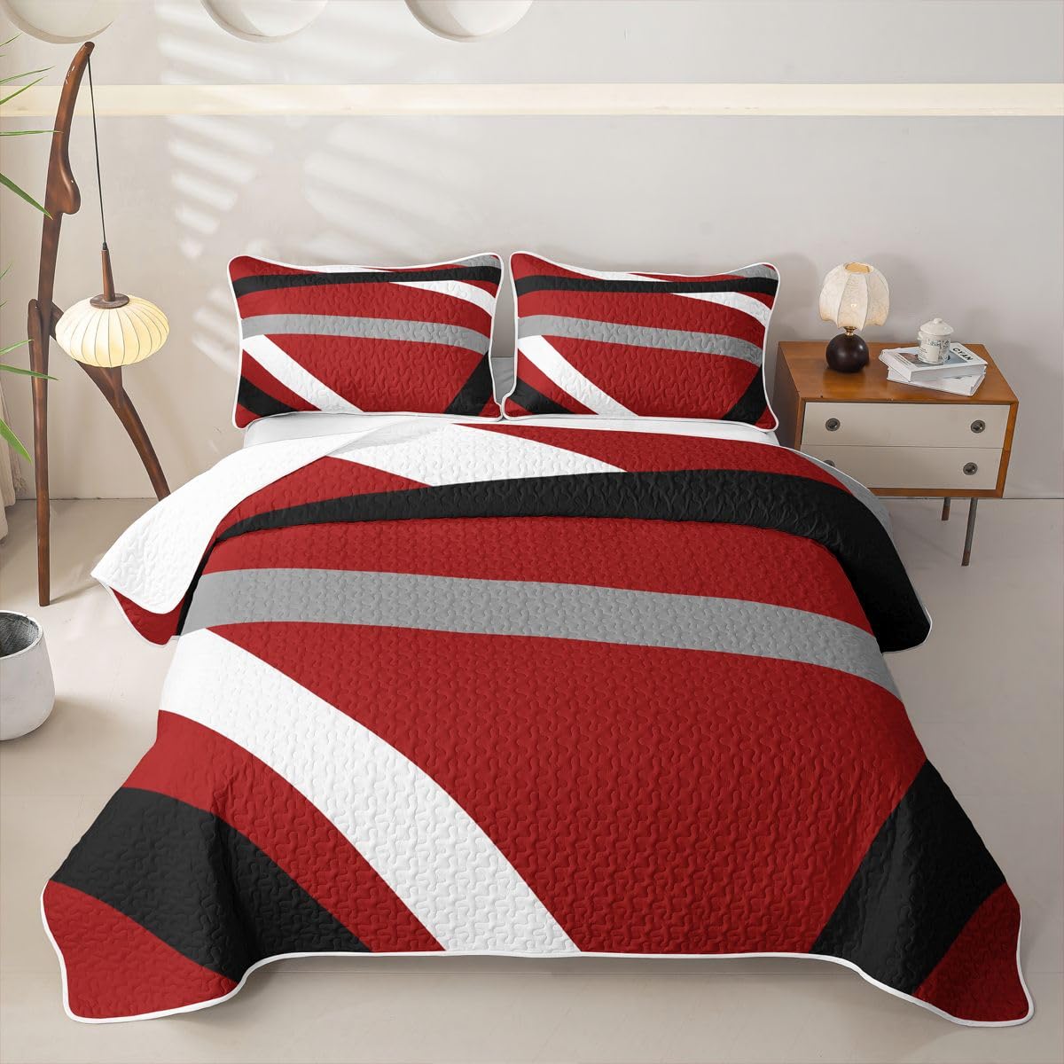 Erosebridal Red Gray Black Striped Quilt Twin Modern Abstract Quilt Set Geometric Lines Quilted Bedspread Aesthetic Boho Coverlet with 1 Pillowcase